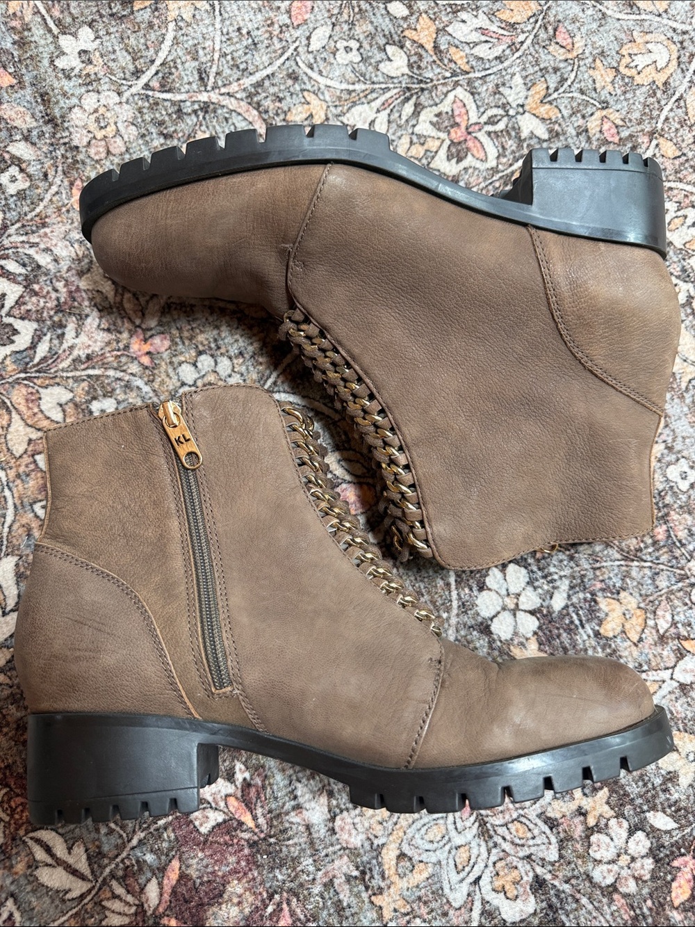 Karl Lagerfeld Paris Bernice Chain Lug Sole Ankle Boots in Taupe | Size 10